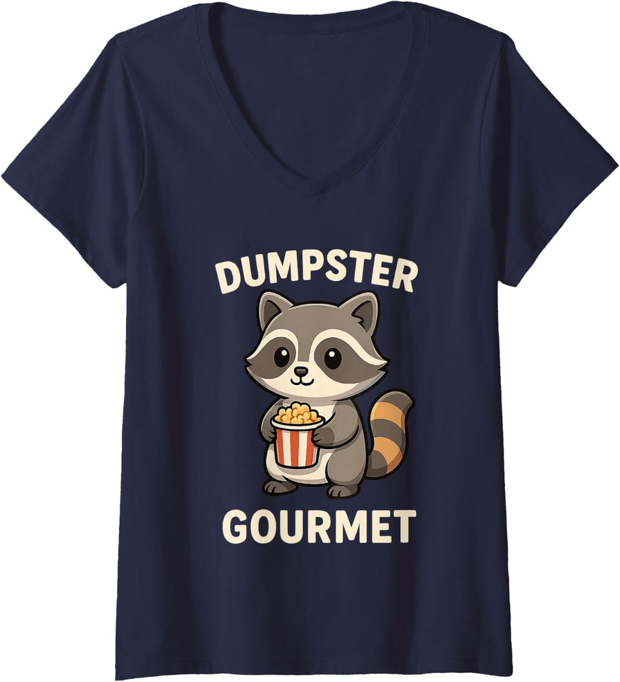 Women's Dumpster Gourmet Funny Raccoon Popcorn Fan Gift V-Neck T-Shirt - Navy Blue
