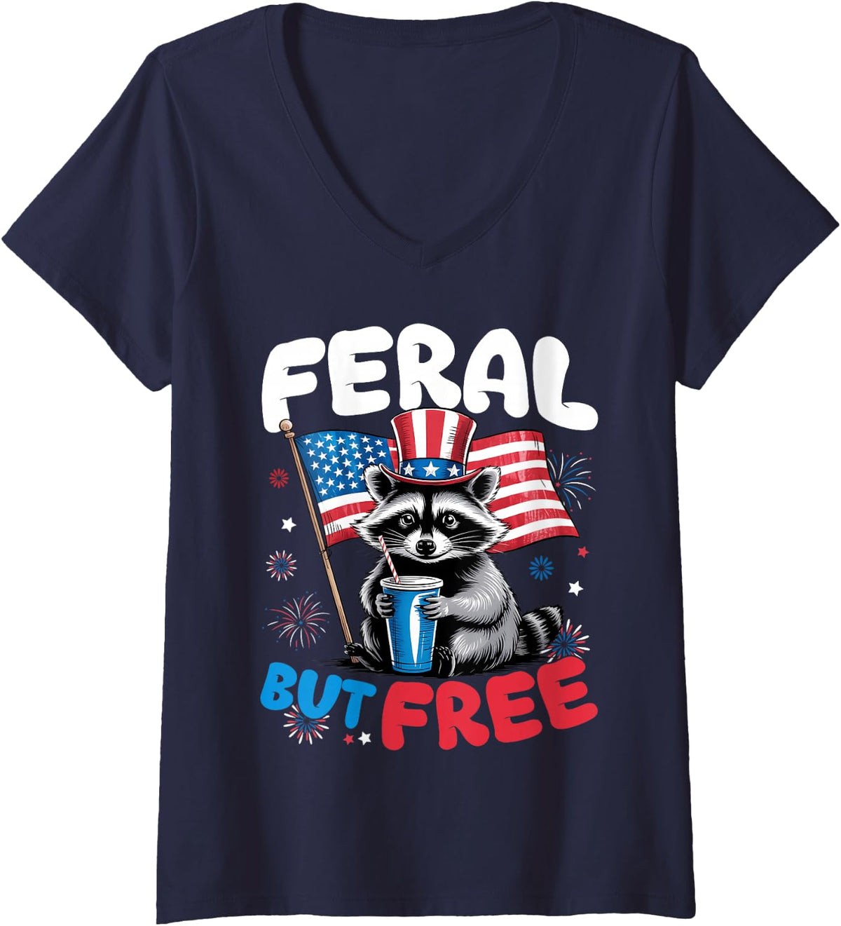 Women's Feral But Free Raccoon 4th of July Trash Panda Girl Women V-Neck T-Shirt - Navy Blue