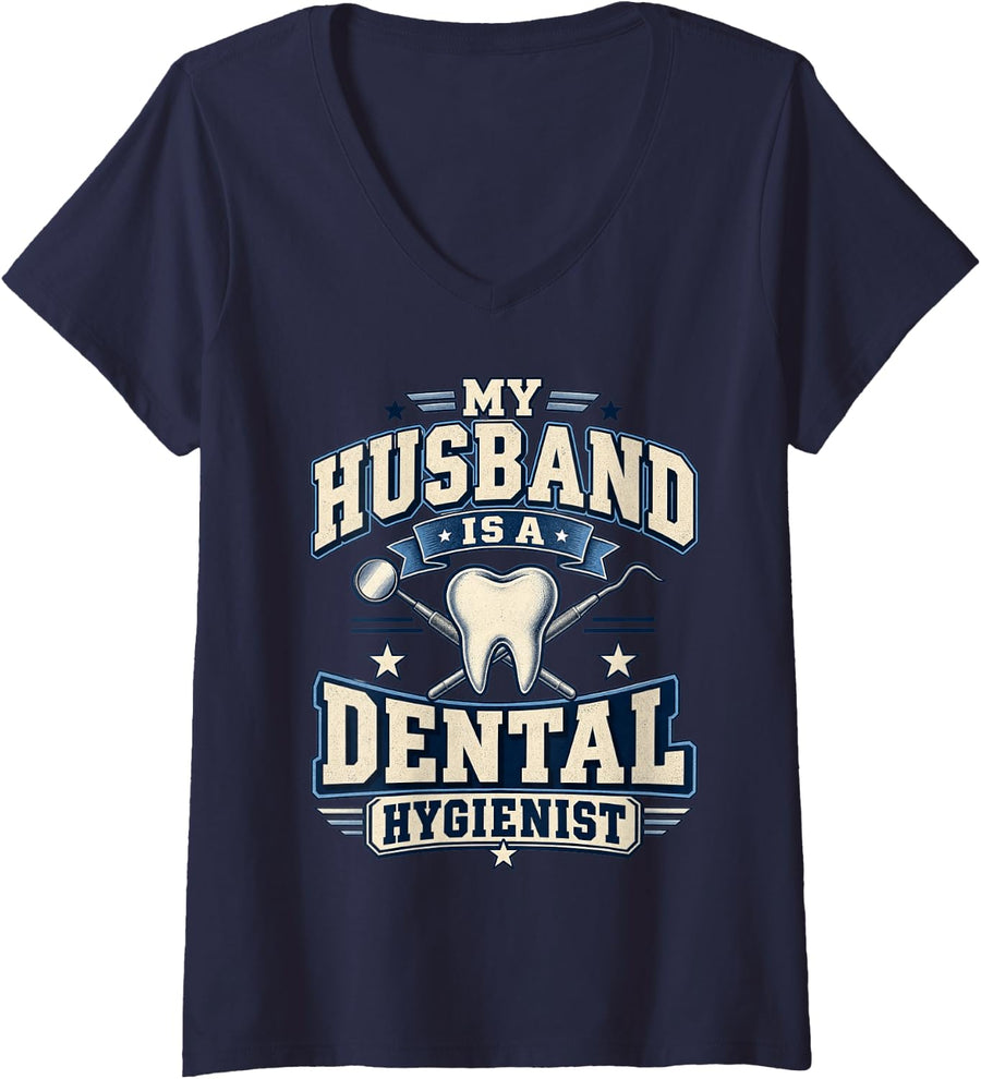 Women's My Husband is A Dental Hygienist Spouse Career Pride V-Neck T-Shirt - Navy Blue