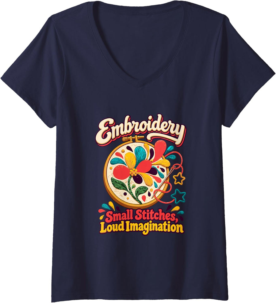 Women's Small Stitches, Loud Imagination Embroidery V-Neck T-Shirt - Navy Blue
