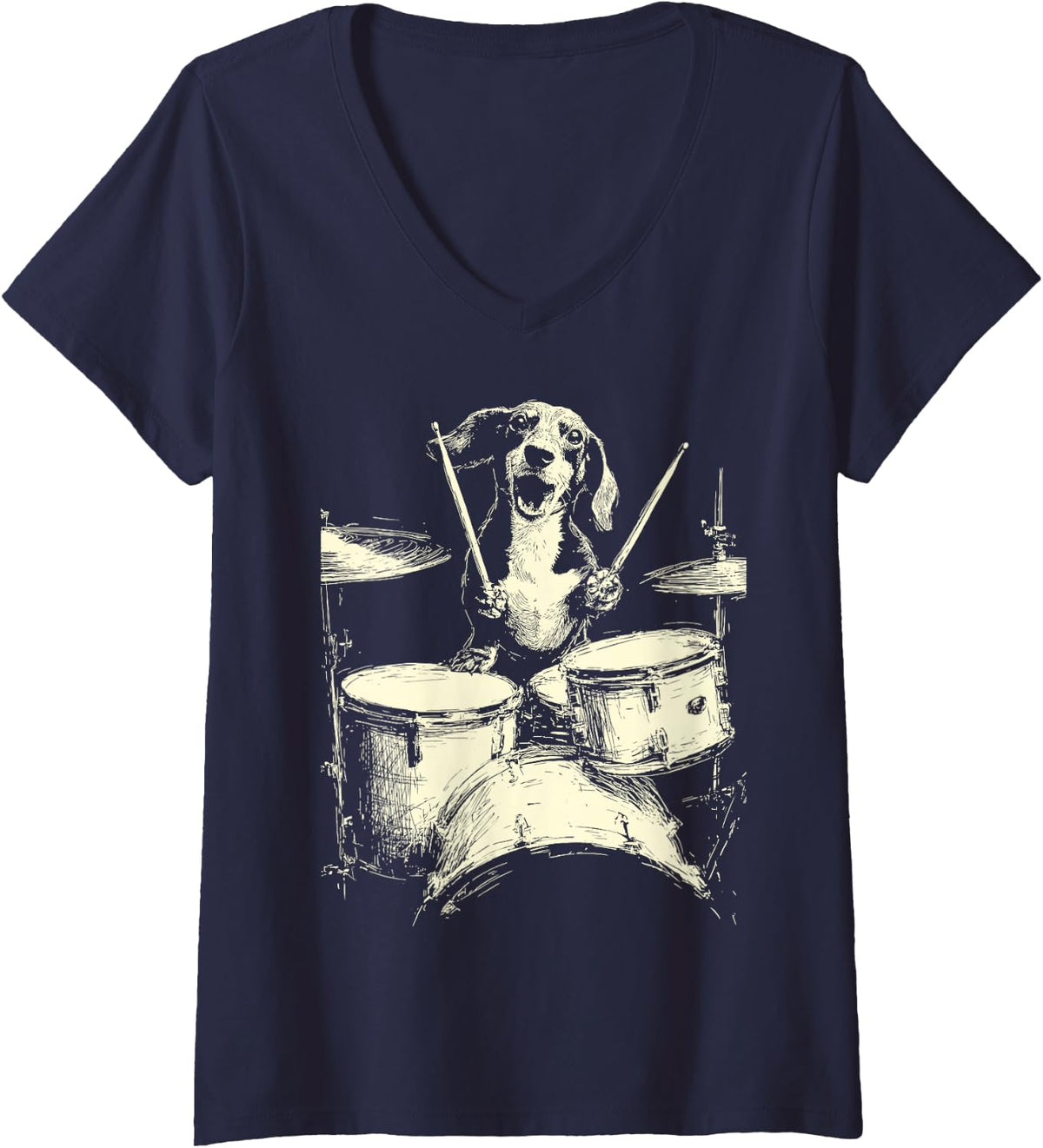 Women's Cute Dachshund Playing Drums Funny Music Sausage Dog Drummer V-Neck T-Shirt - Navy Blue