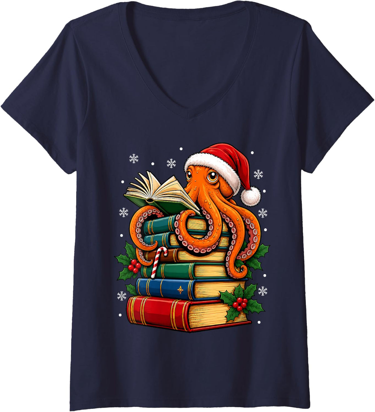 Women's Festive Octopus Christmas Books V-Neck T-Shirt - Navy Blue