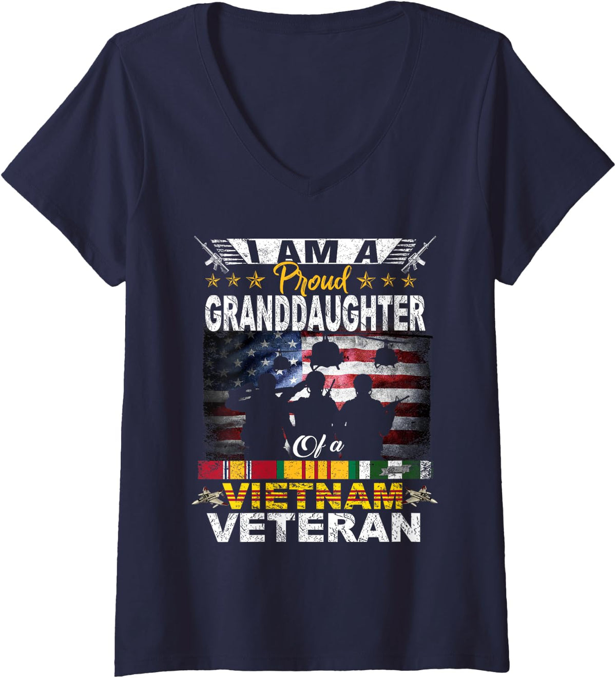 Womens Proud Granddaughter Of A Vietnam Veteran US Flag Veteran Day V-Neck T-Shirt - Navy Blue