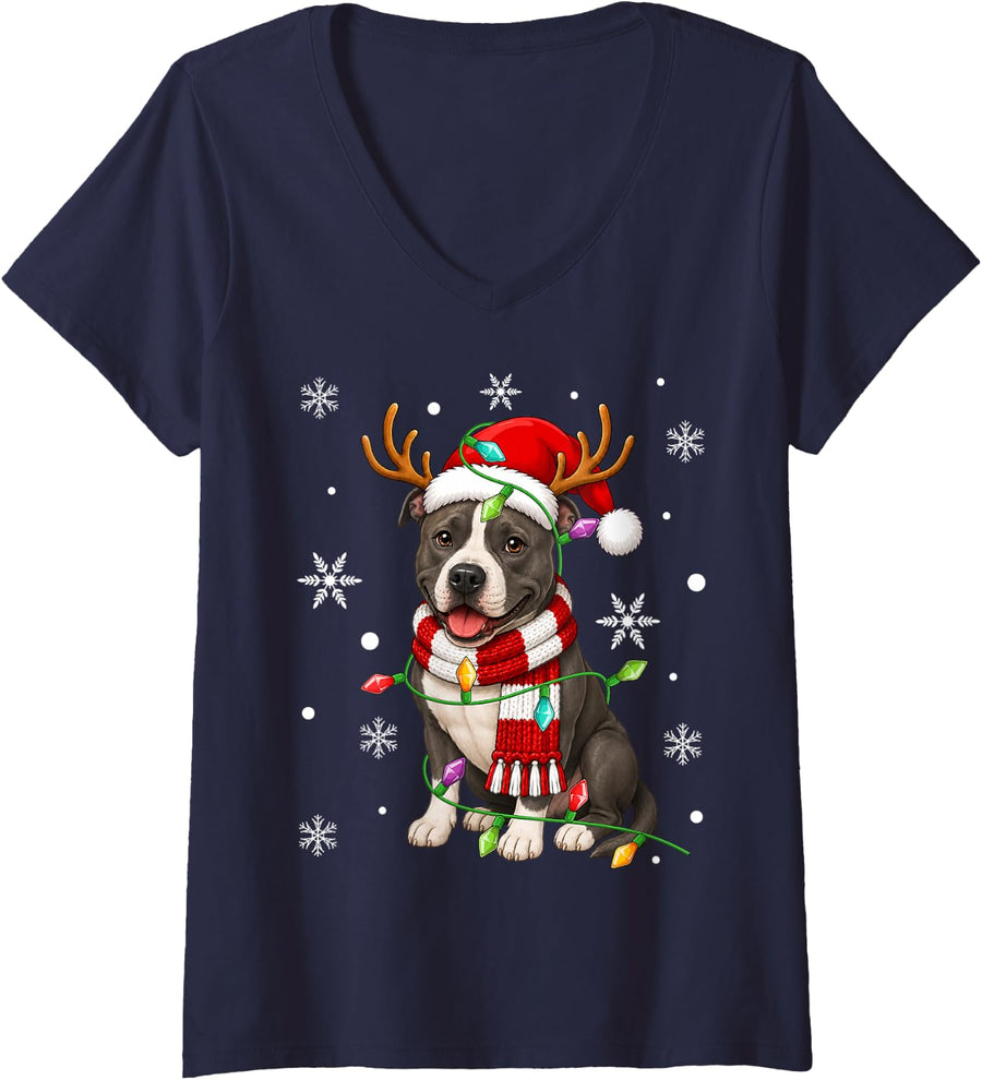 Women's American Staffordshire Terrier Dog Christmas Light Santa Hat V-Neck T-Shirt - Navy Blue
