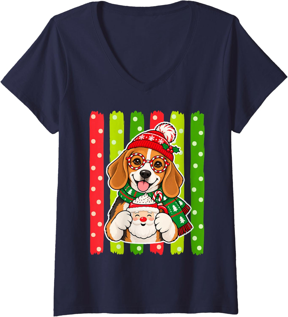 Women's Christmas Beagle with Cocoa and Santa Hat V-Neck T-Shirt - Navy Blue