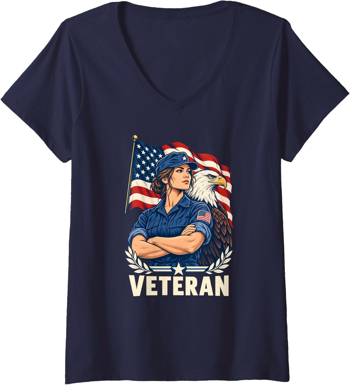 Women's Veteran Women American Flag Bald Eagle Patriotic V-Neck T-Shirt - Navy Blue
