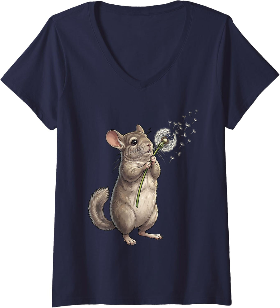 Women's Chinchilla Dandelion Art Animal Wildflower V-Neck T-Shirt - Navy Blue