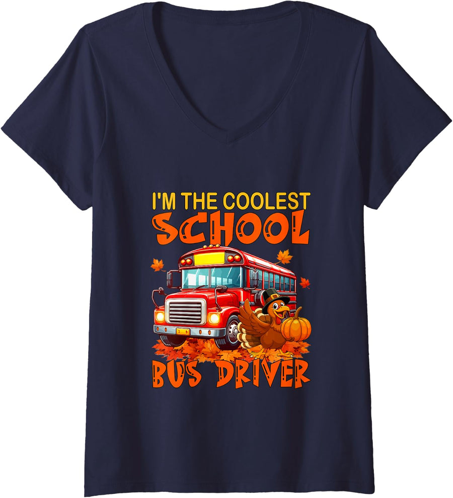 Women's Coolest School Bus Driver in Flock Thanksgiving Fall Turkey V-Neck T-Shirt - Navy Blue