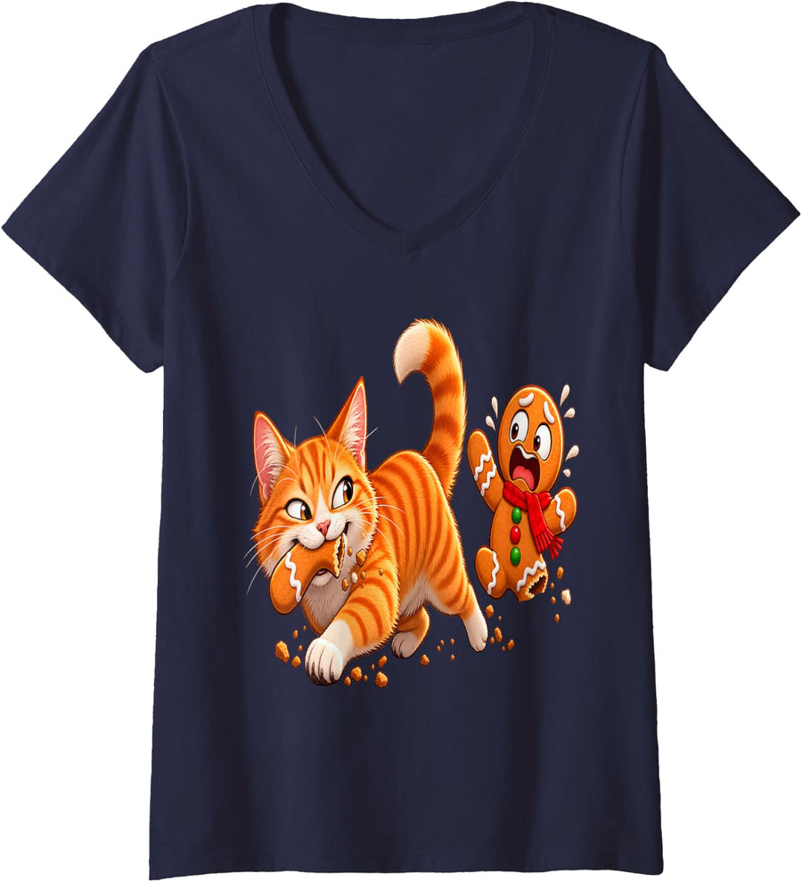 Women's Funny Ginger Cat Christmas Gingerbread Cookie Chase V-Neck T-Shirt - Navy Blue