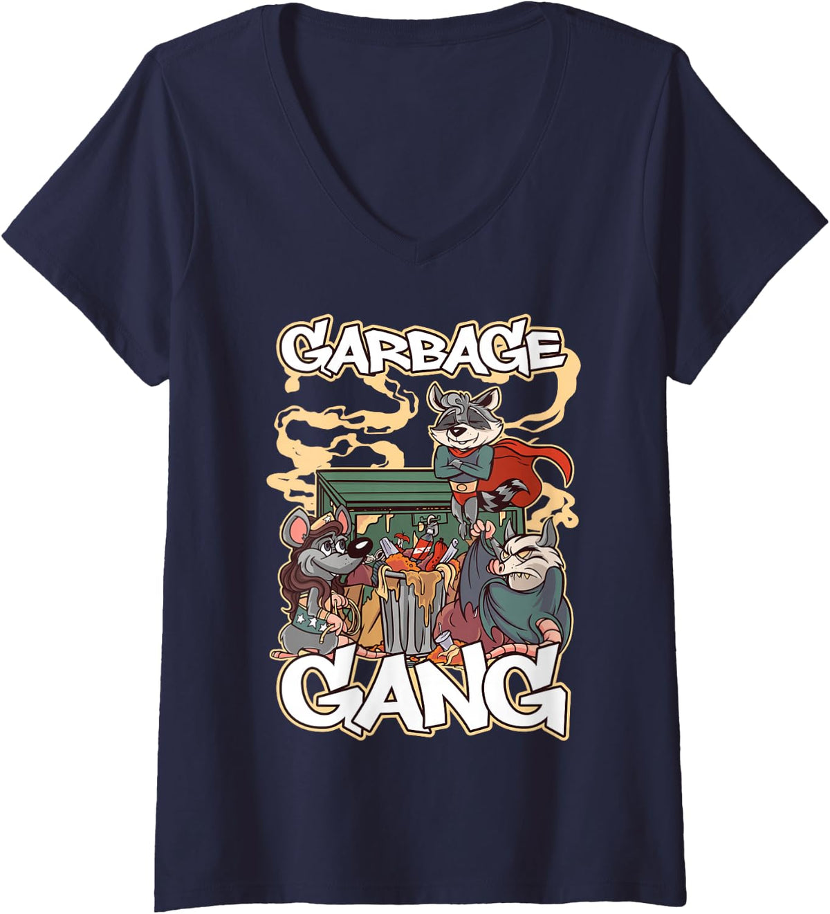 Women's Raccoon Garbage Band V-Neck T-Shirt - Navy Blue