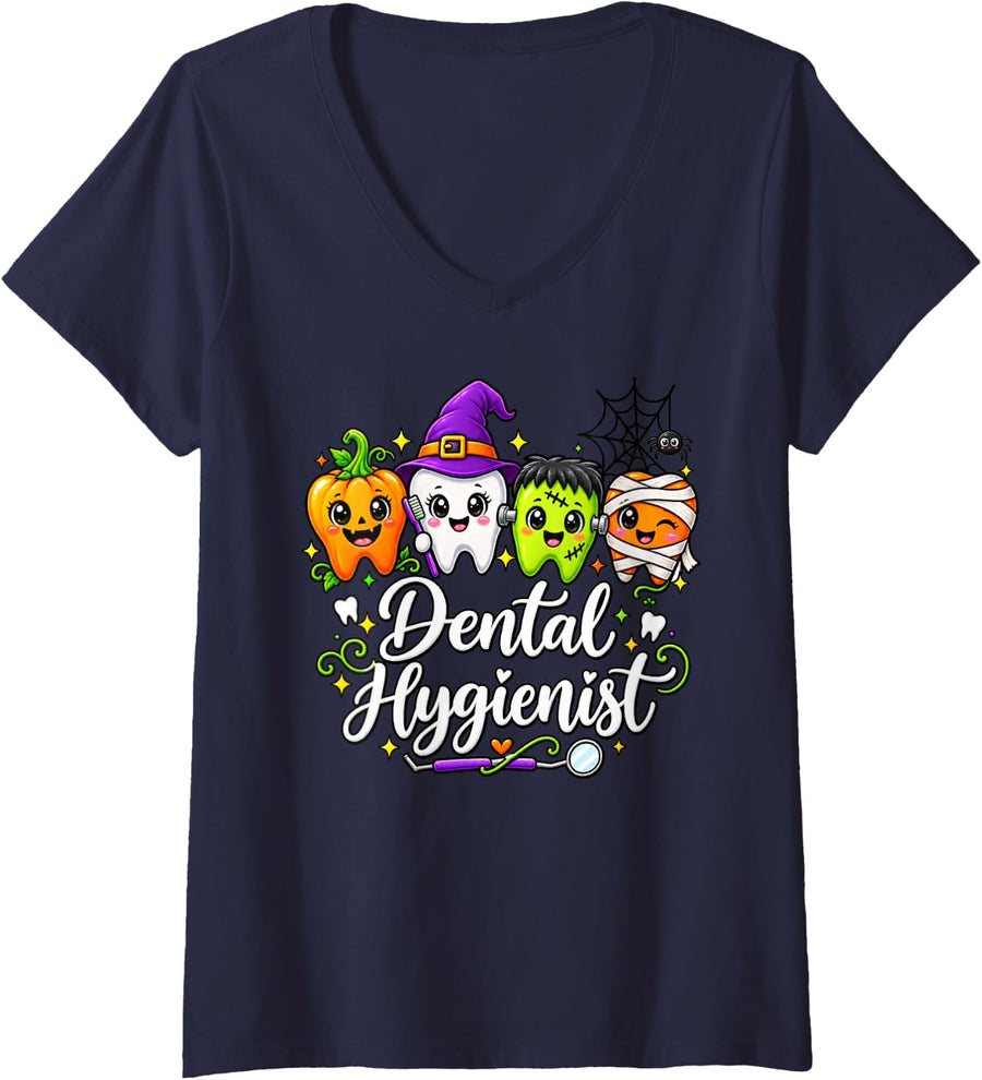 Women's Dental Hygienist Halloween Mummy Witch Pumpkin V-Neck T-Shirt - Navy Blue