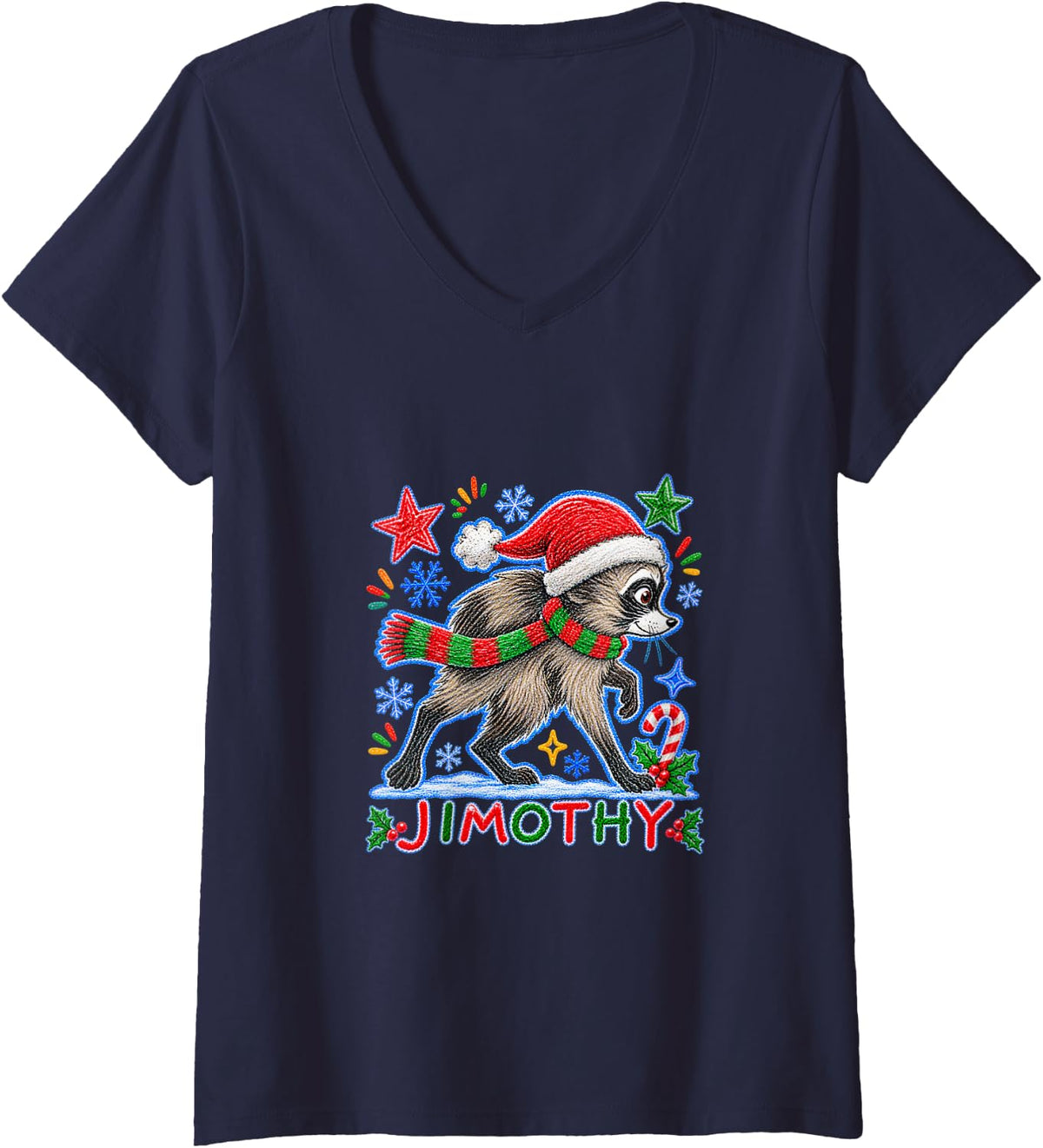 Women's Jimothy Raccoon Cute Santa Holiday Funny Christmas V-Neck T-Shirt - Navy Blue