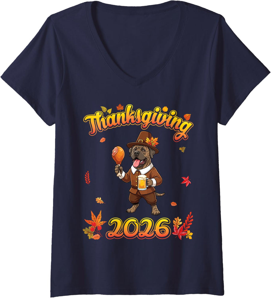 Women's Cane Corso Dog Pilgrim Beer Turkey Leg Thanksgiving 2026 V-Neck T-Shirt - Navy Blue