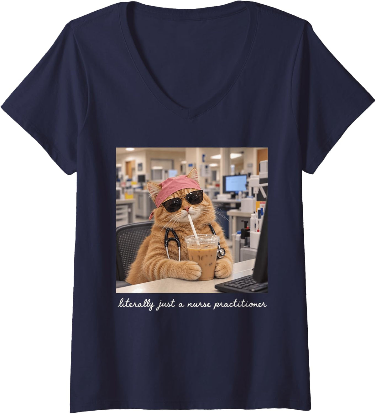 Women's Literally Just a Nurse Practitioner Sleepy Cat Coffee V-Neck T-Shirt - Navy Blue