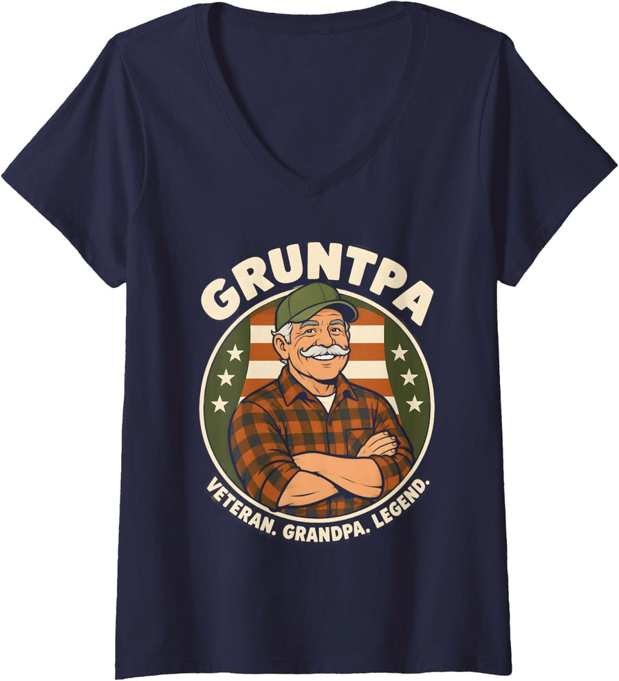 Women's Gruntpa Veterans Day Veteran Grandpa V-Neck T-Shirt - Navy Blue