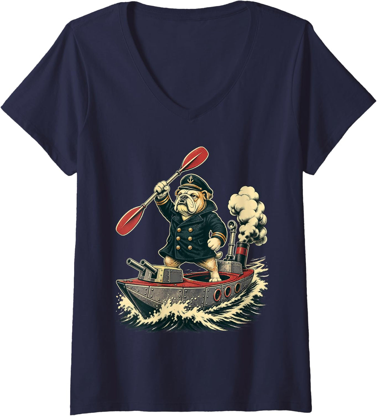 Women's Battleship Kayak Bulldog Captain Kayaking Funny V-Neck T-Shirt - Navy Blue