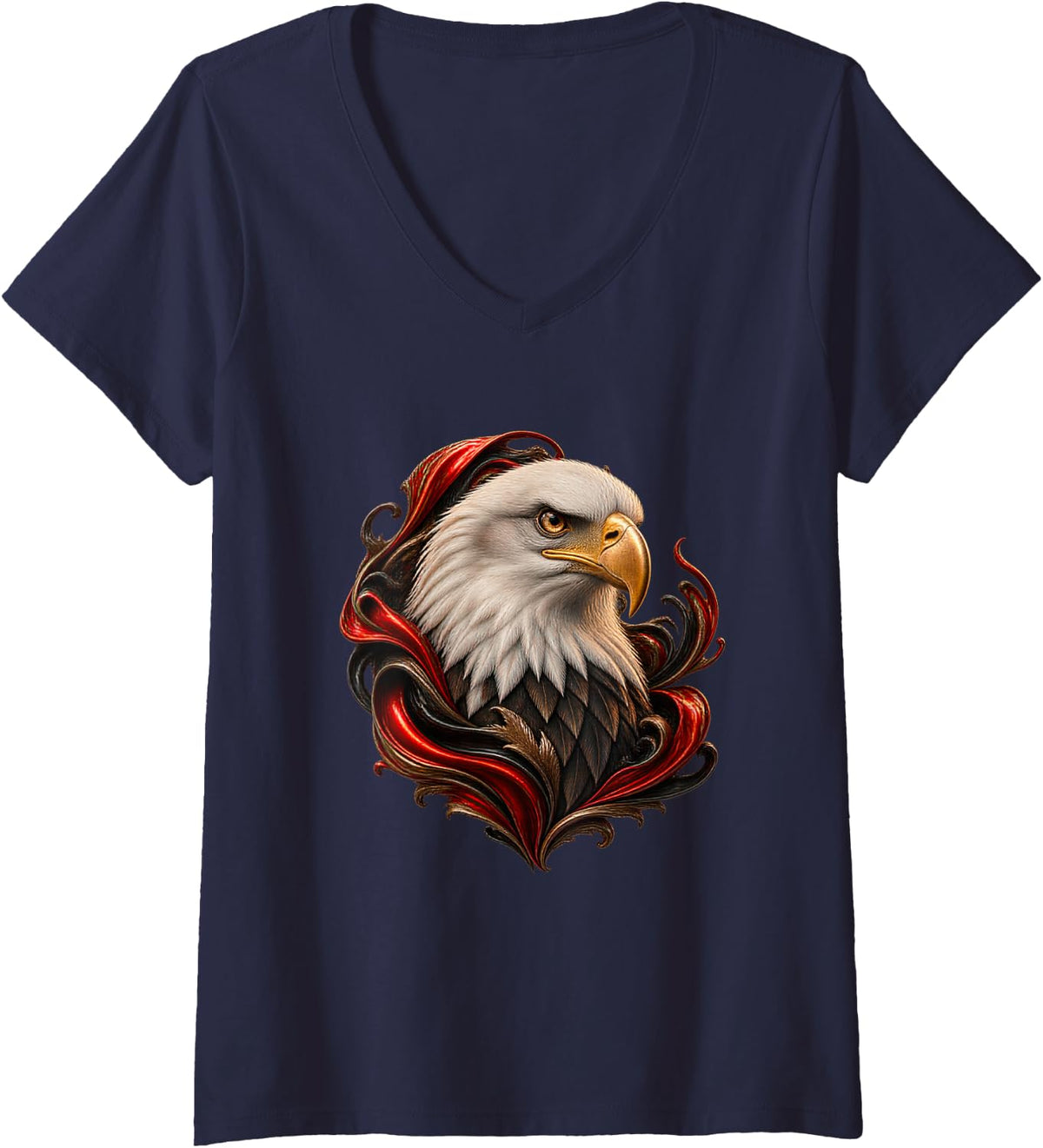Women's Bald Eagle with Scarlet Enamel Curves Raptor Art V-Neck T-Shirt - Navy Blue