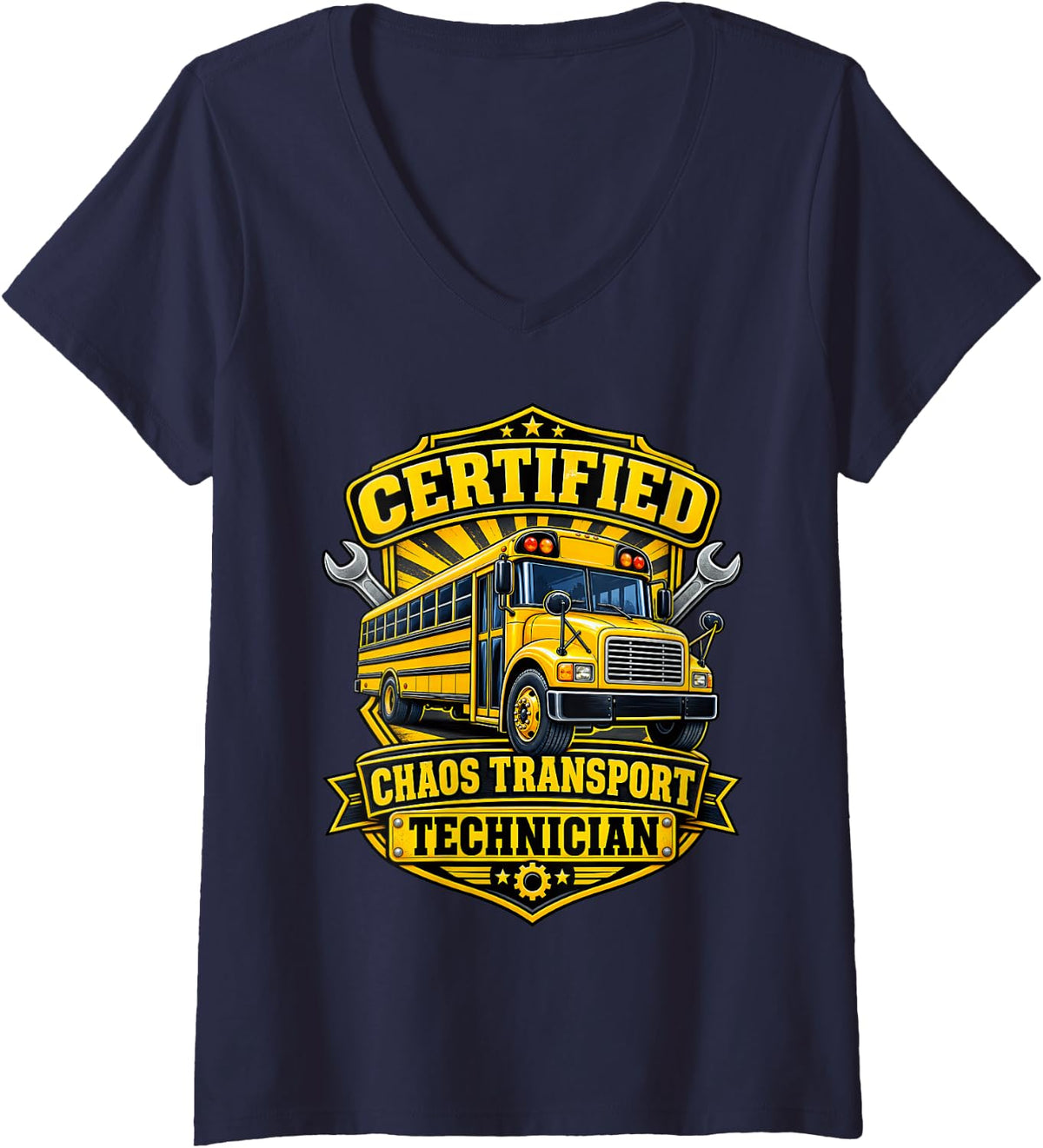 Women's Certified Chaos Transport Technician School Bus V-Neck T-Shirt - Navy Blue