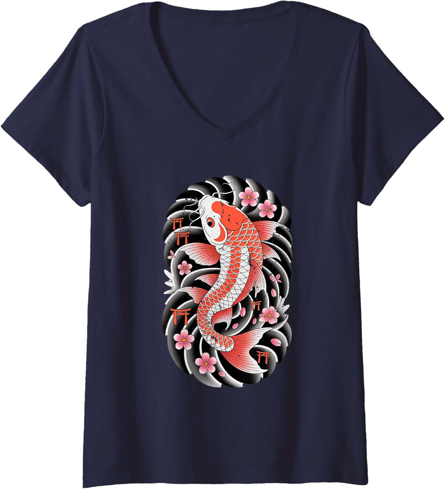 Women's Koi Fish Yin Yang with Cherry Blossom and Water Waves Art V-Neck T-Shirt - Navy Blue