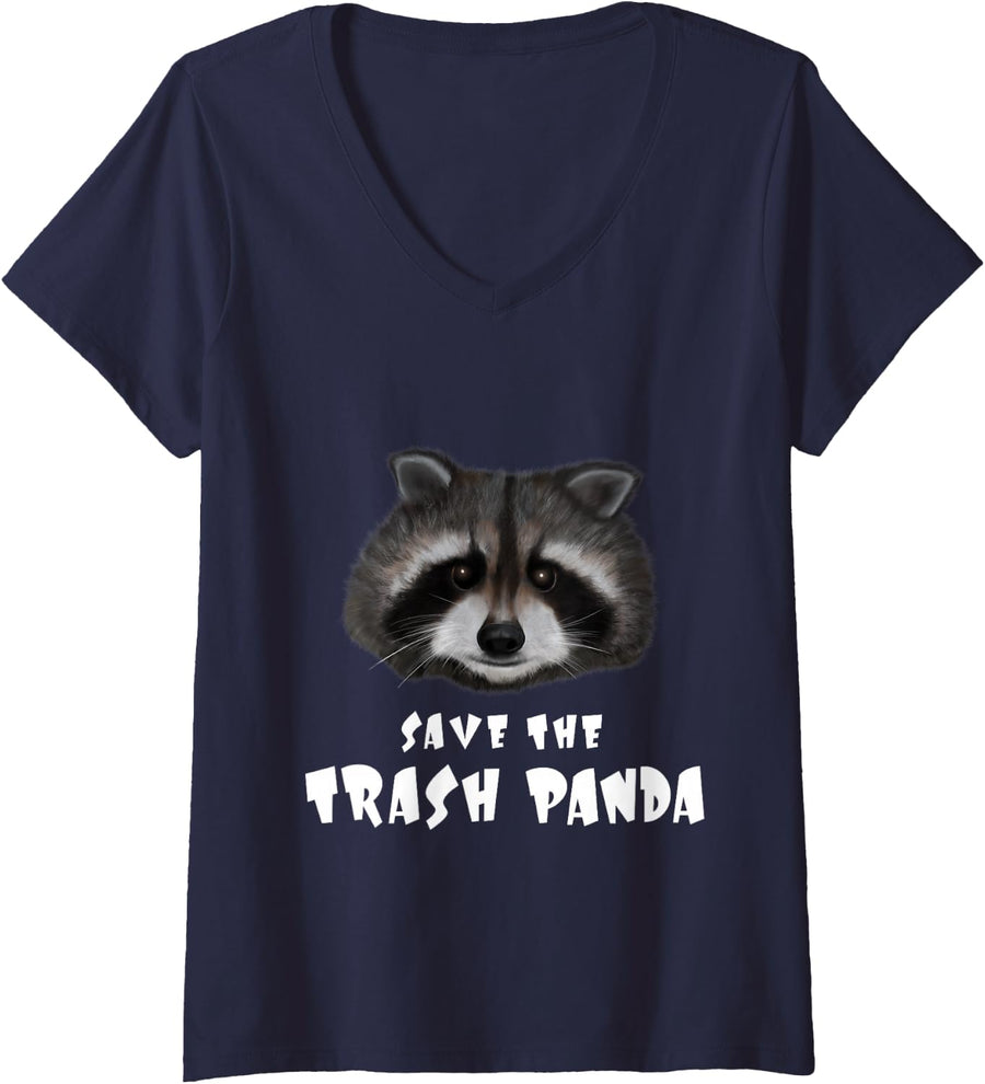 Women's Save the Trash Panda - Funny Raccoon Lover Design V-Neck T-Shirt - Navy Blue