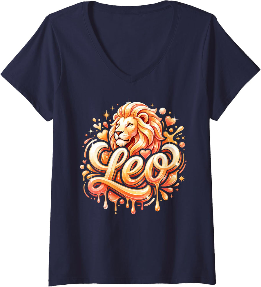 Women's Leo Zodiac Sign Astrology Horoscope Astrological Symbol V-Neck T-Shirt - Navy Blue