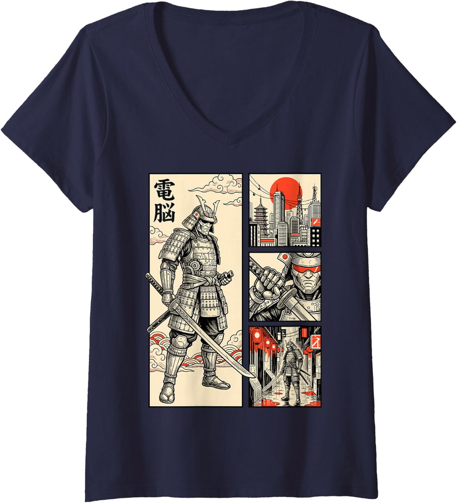 Women's Japanese Cyberpunk Samurai Warrior Comic Ukiyo-e Katana Art V-Neck T-Shirt - Navy Blue