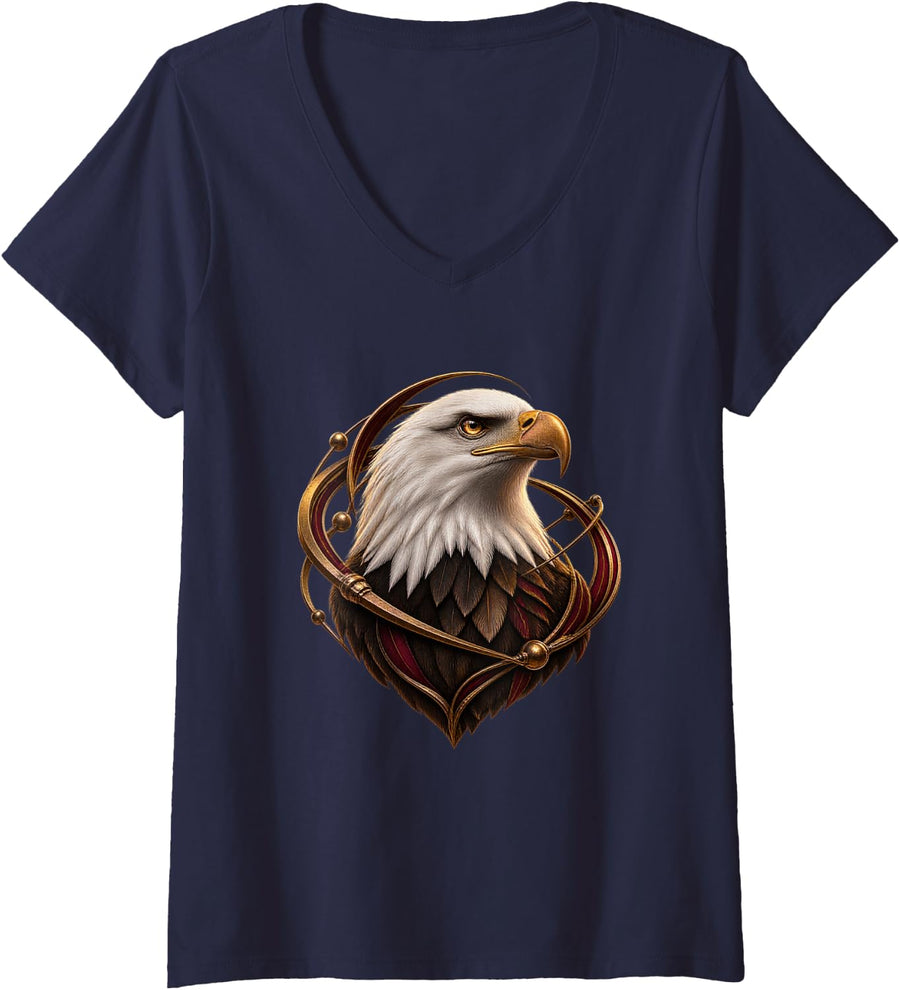 Women's Bald Eagle with Brass Orbit Rings Raptor Bird Art V-Neck T-Shirt - Navy Blue