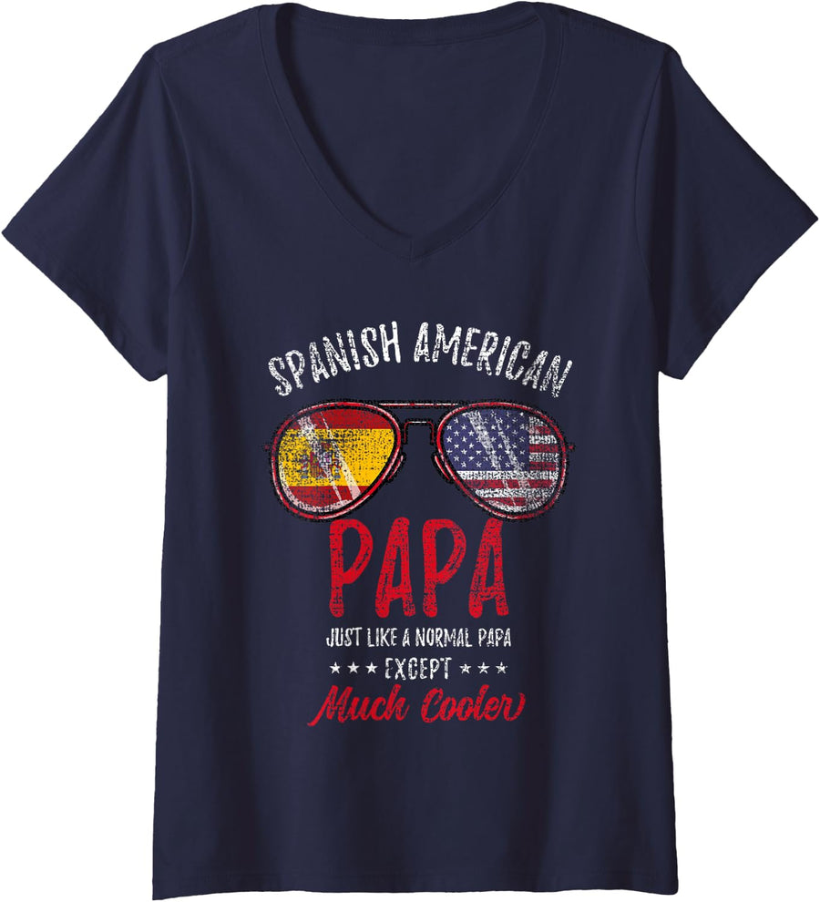 Women's Cool Spanish American Papa Sunglasses Spanish Family Vintage V-Neck T-Shirt - Navy Blue