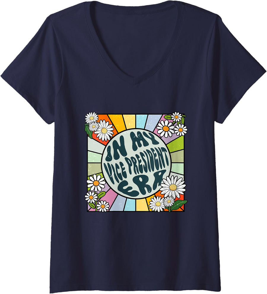 Women's Daisy Groovy in My Vice President Era V-Neck T-Shirt - Navy Blue