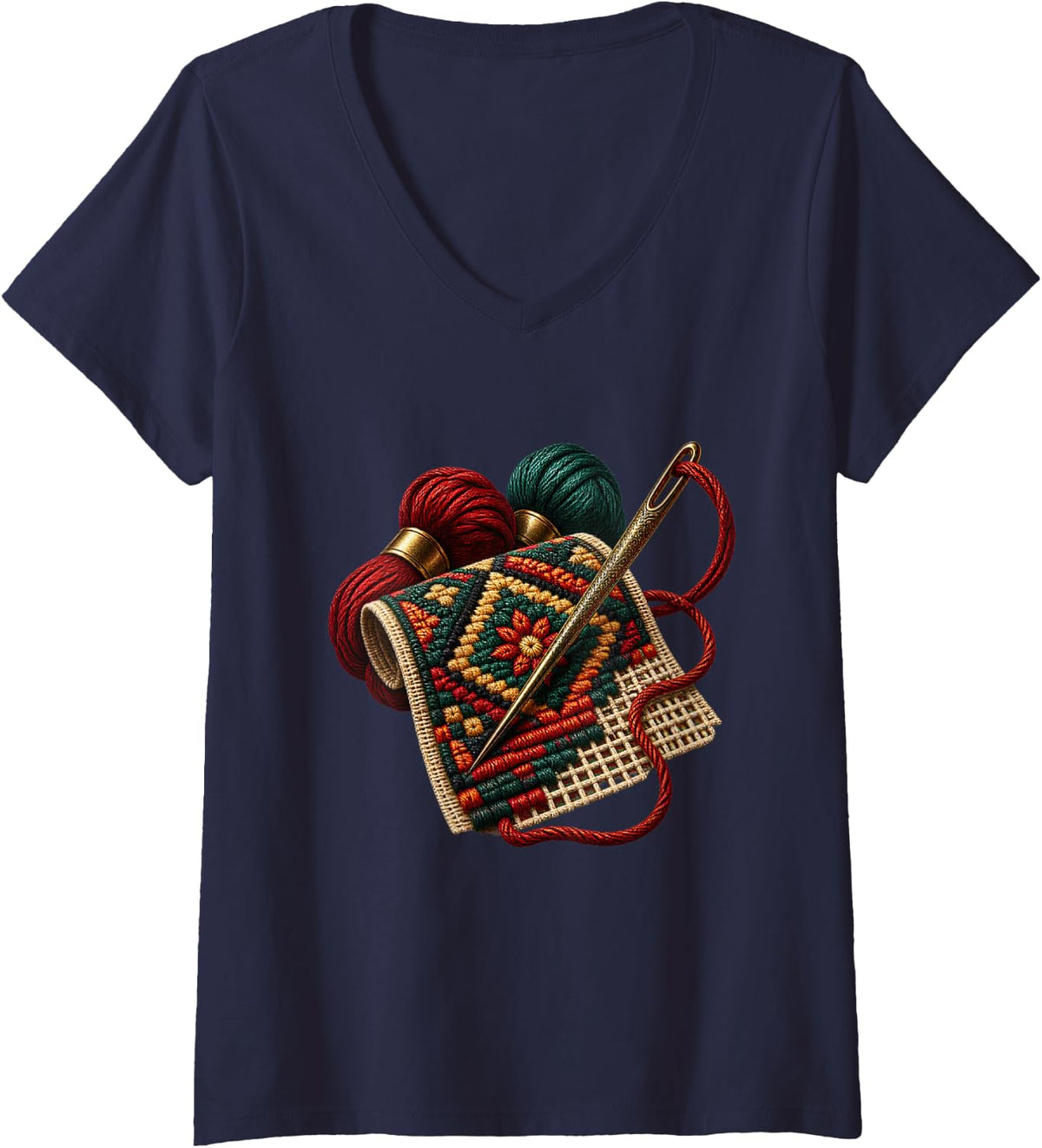 Women's Vibrant Ornate Embroidery Sampler with Scissors and Thread V-Neck T-Shirt - Navy Blue