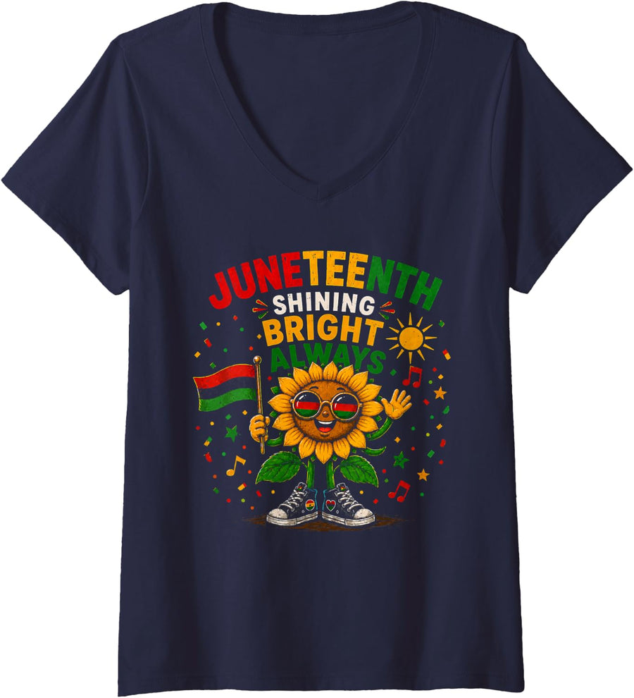 Women's Juneteenth Shining Bright Always Black History V-Neck T-Shirt - Navy Blue