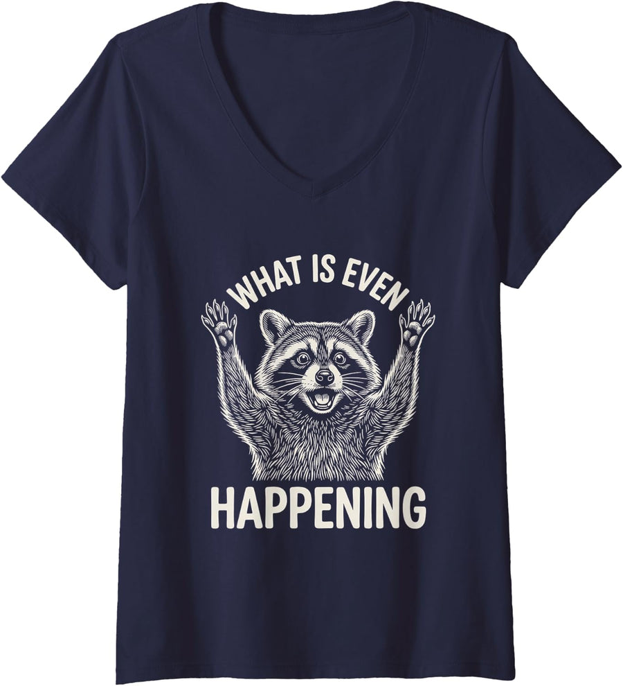 Women's What is Even Happening Funny Raccoon Trash Panda Meme V-Neck T-Shirt - Navy Blue