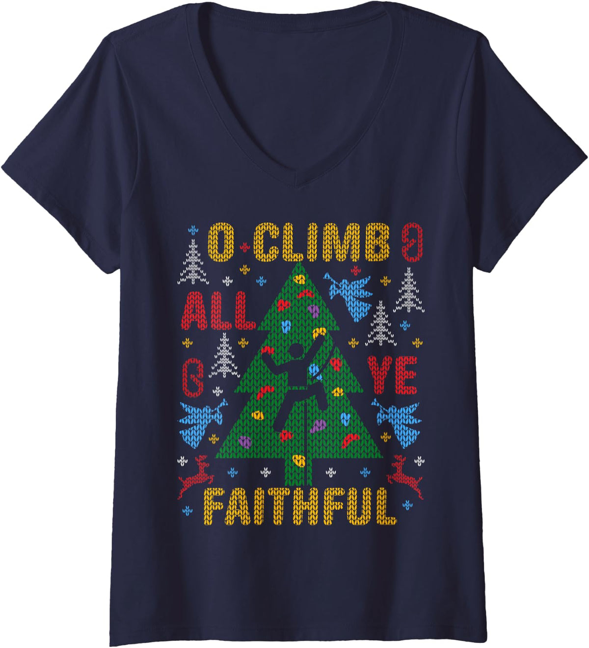 Women's Funny Rock Climbing Ugly Christmas Sweater Party Climber V-Neck T-Shirt - Navy Blue