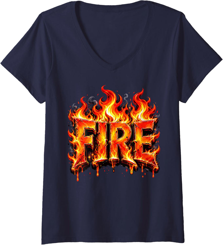 Women's Fire Flame Costume for Adult Kids Halloween Party Fire Flame V-Neck T-Shirt - Navy Blue