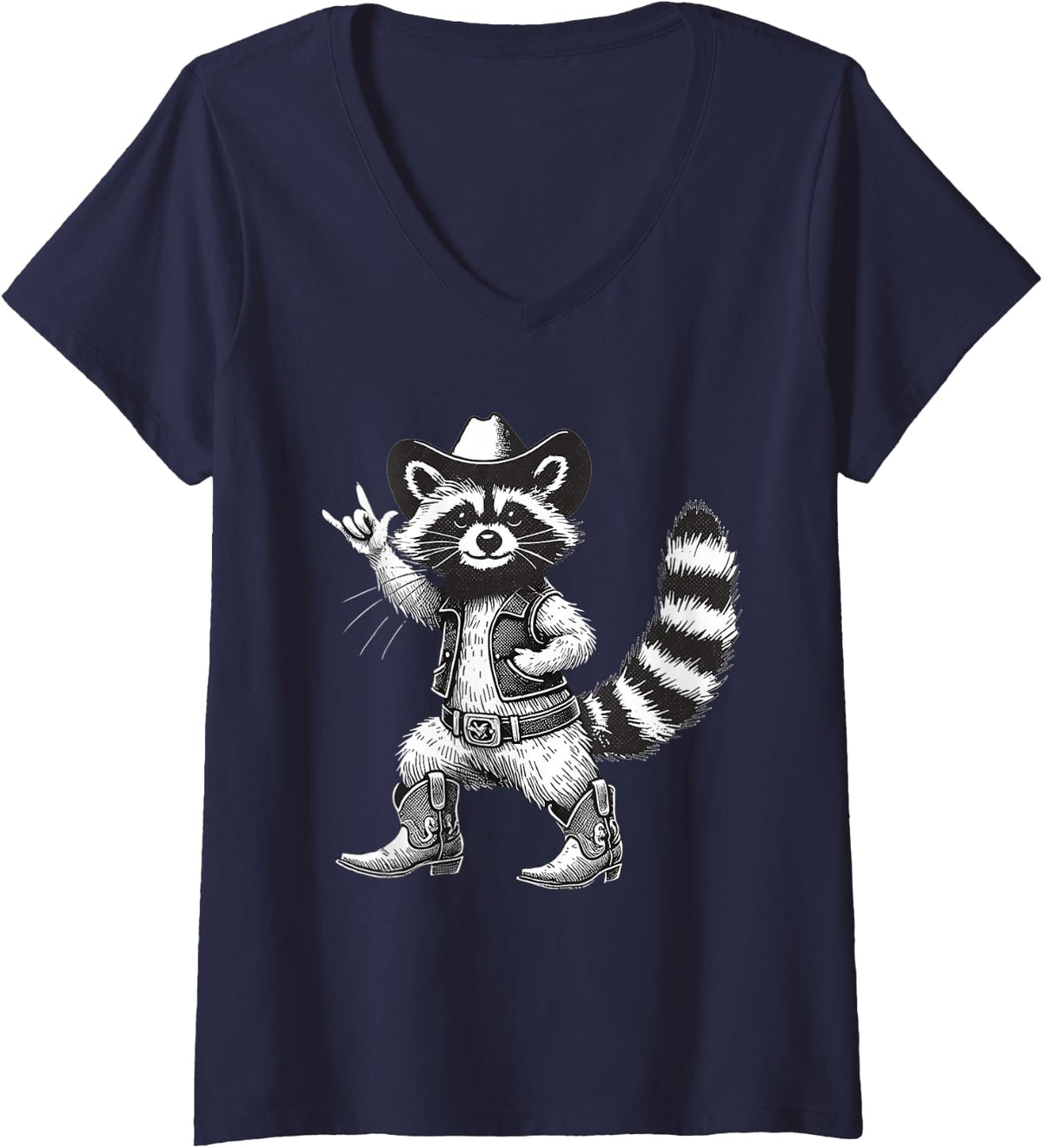 Women's Vintage Raccoon Cowboy Cowgirl Trash Panda Racoon Meme Lover V-Neck T-Shirt - Navy Blue