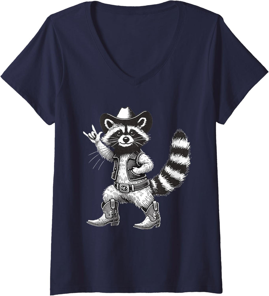 Women's Vintage Raccoon Cowboy Cowgirl Trash Panda Racoon Meme Lover V-Neck T-Shirt - Navy Blue