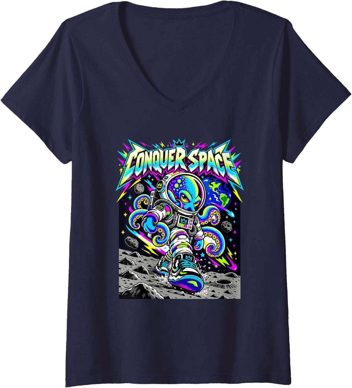 Women's Lunar Octopus Explorer Colorful Galaxy Adventure Art V-Neck T-Shirt - Navy Blue