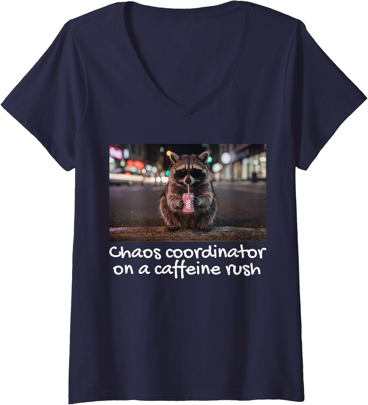 Women's 99% Caffeine 1% Trash Panda Funny Raccoon V-Neck T-Shirt - Navy Blue