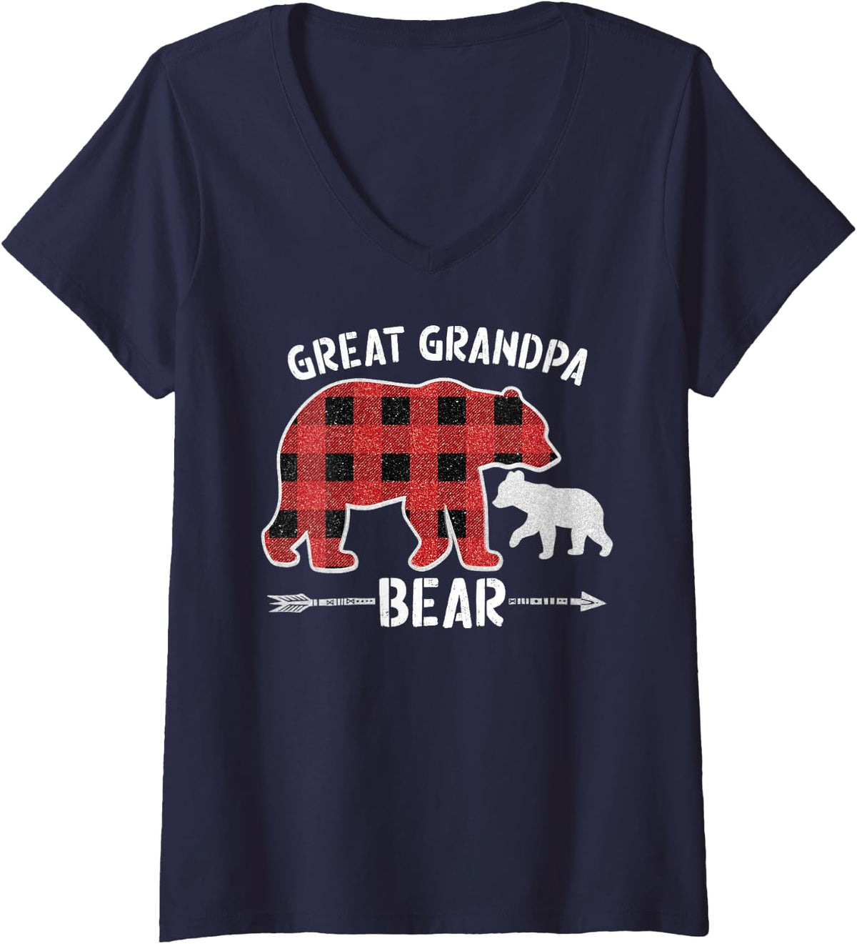 Women's Red Plaid Great Grandpa Bear Buffalo Christmas Pajama Family V-Neck T-Shirt - Navy Blue