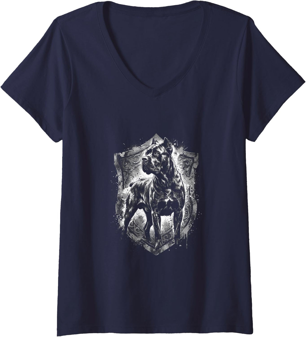 Women's Cane Corso Italian Mastiff Dog Shield Crest Monolith V-Neck T-Shirt - Navy Blue