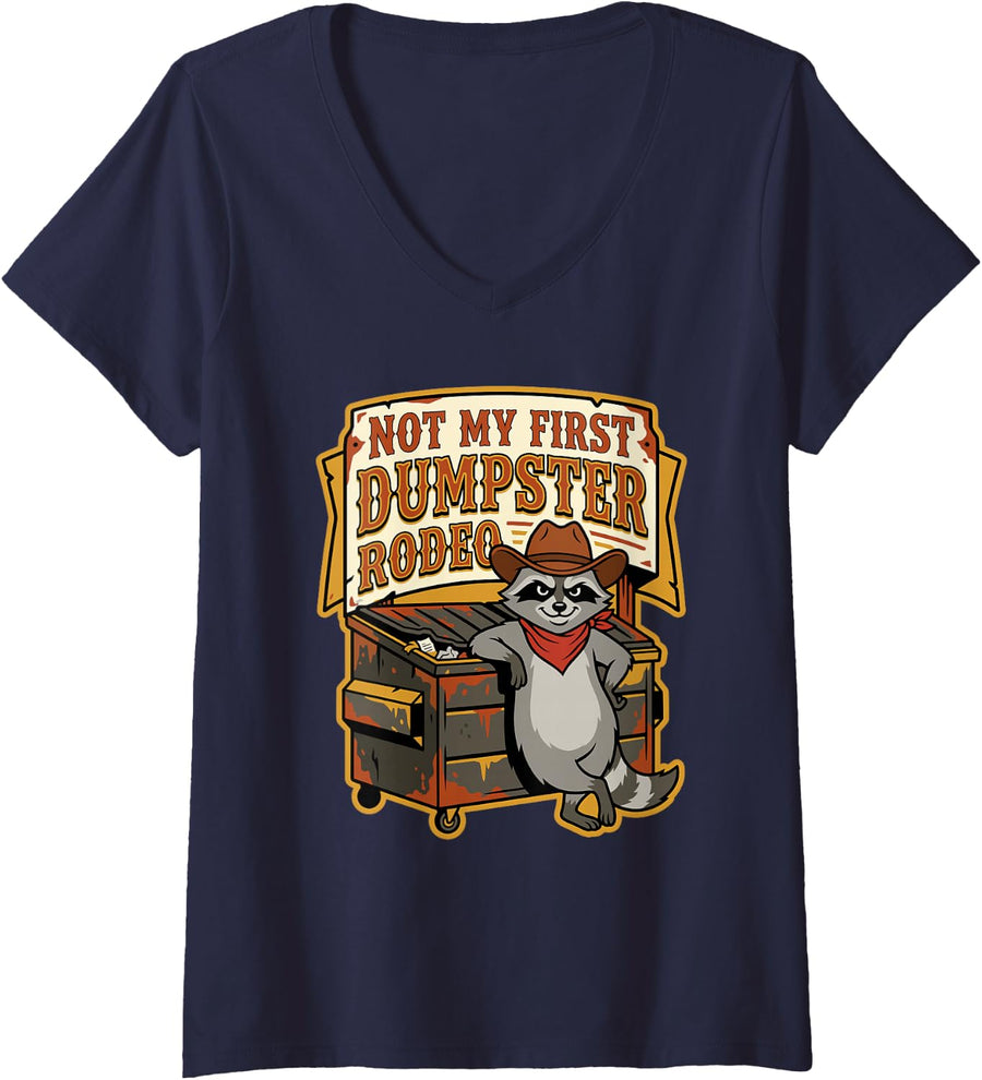 Women's Not My First Dumpster Rodeo Diving Trash Panda Raccoon Humor V-Neck T-Shirt - Navy Blue