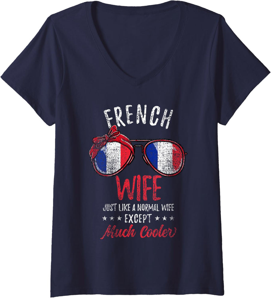 Women's Cool French Wife Sunglasses French Wife Vintage V-Neck T-Shirt - Navy Blue