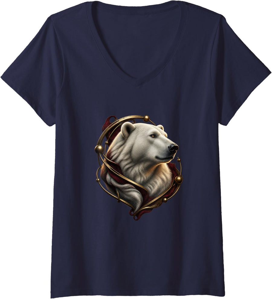 Women's Polar Bear with Brass Eclipse Rings Arctic Art V-Neck T-Shirt - Navy Blue