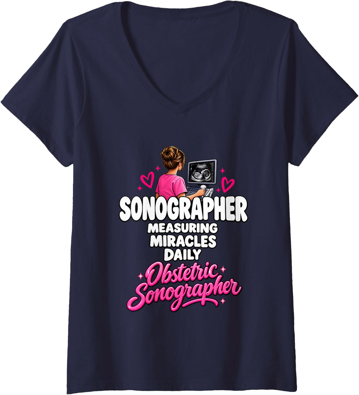 Women's Sonographer Measuring Miracles Daily V-Neck T-Shirt - Navy Blue
