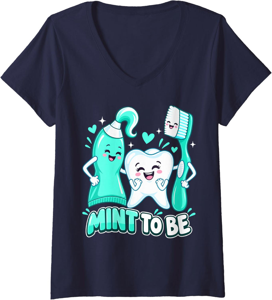 Women's Mint to Be Cute Toothpaste Toothbrush Dental Pun V-Neck T-Shirt - Navy Blue