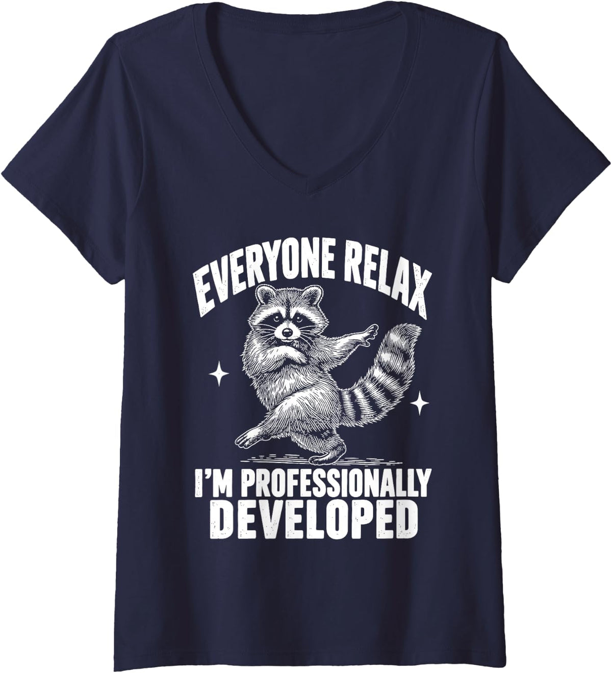 Women's Everyone Relax I'm Professionally Developed Raccoon V-Neck T-Shirt - Navy Blue