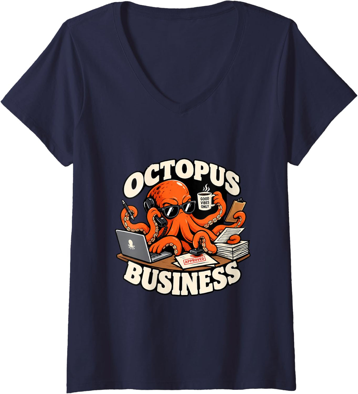 Women's Octopus Business Office Humor Funny Squid Leaving Gift V-Neck T-Shirt - Navy Blue