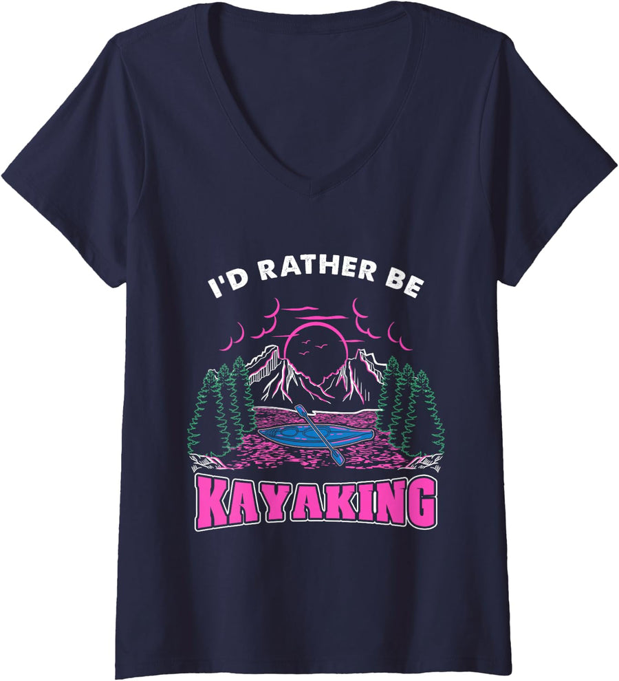 Women's Id Rather Be Kayaking V-Neck T-Shirt - Navy Blue