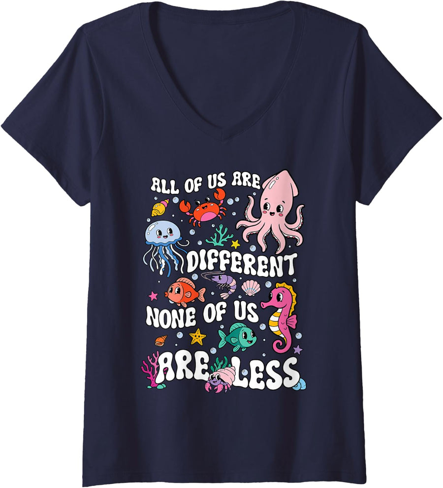 Women's Autism Awareness Sea Animals SPED Teacher All are Different V-Neck T-Shirt - Navy Blue