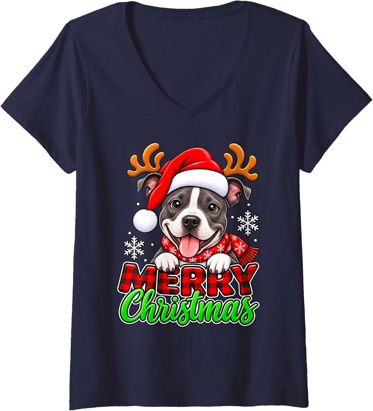 Women's American Staffordshire Terrier Merry Xmas Santa Reindeer V-Neck T-Shirt - Navy Blue